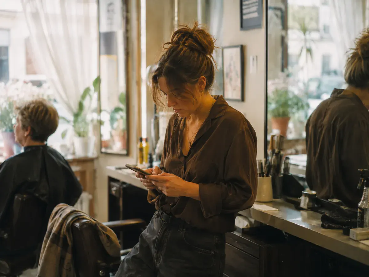 Kapster kijkt op haar telefoon in haar salon