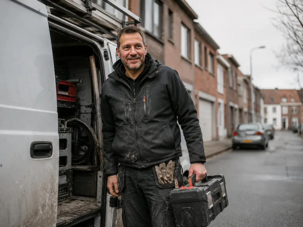 Vakman bij zijn bestelwagen in een woonstraat